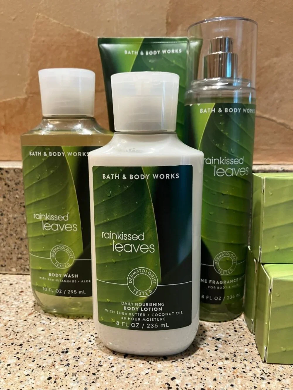 Bath & Body Works Set of Rainkissed Leaves Spray, Lotion , Cream Shower Gel !